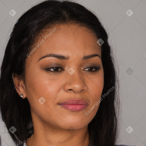 Joyful latino young-adult female with long  brown hair and brown eyes