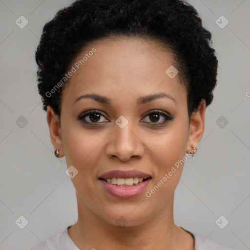 Joyful latino young-adult female with short  brown hair and brown eyes