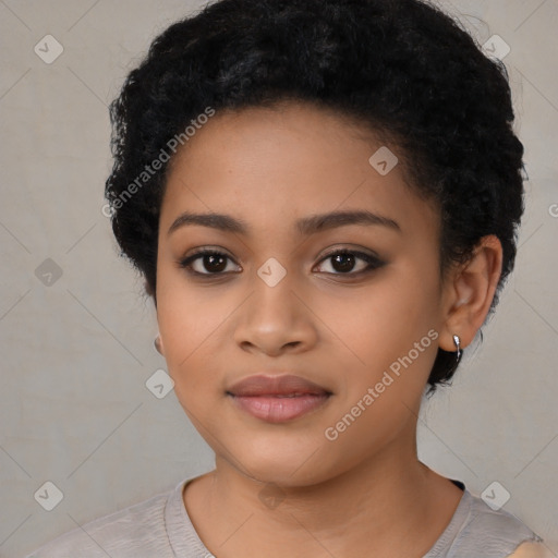 Joyful latino young-adult female with short  black hair and brown eyes