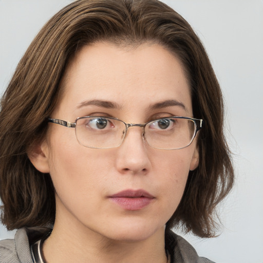 Neutral white young-adult female with medium  brown hair and grey eyes