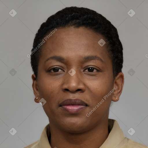 Neutral black young-adult female with short  black hair and brown eyes
