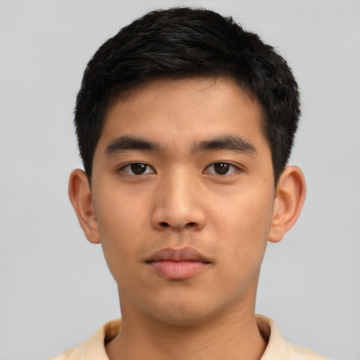 Neutral asian young-adult male with short  black hair and brown eyes