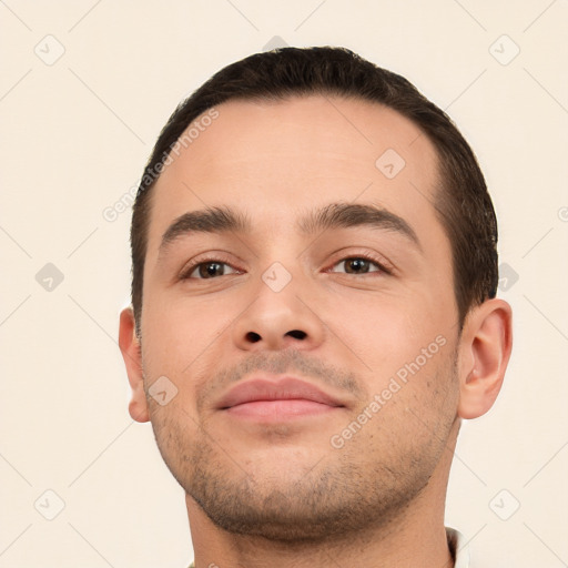 Neutral white young-adult male with short  brown hair and brown eyes