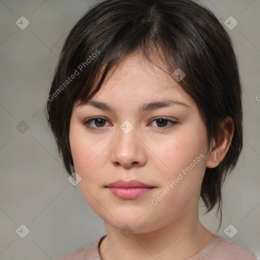 Neutral white young-adult female with medium  brown hair and brown eyes