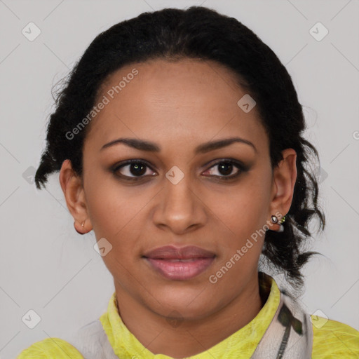 Joyful latino young-adult female with short  black hair and brown eyes