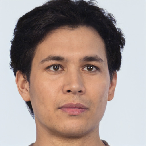 Neutral asian young-adult male with short  brown hair and brown eyes