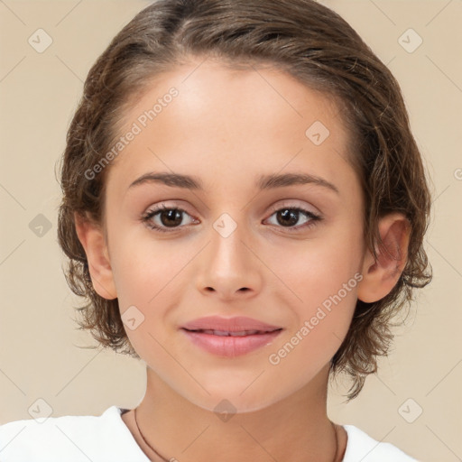 Joyful white child female with medium  brown hair and brown eyes