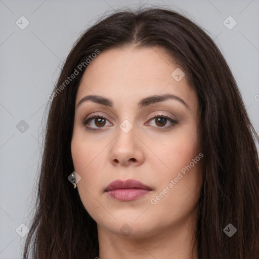 Neutral white young-adult female with long  brown hair and brown eyes