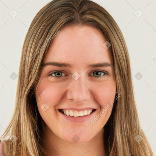 Joyful white young-adult female with long  brown hair and green eyes