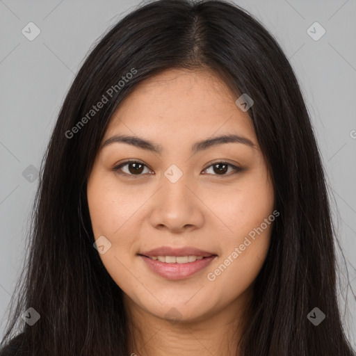 Joyful latino young-adult female with long  brown hair and brown eyes