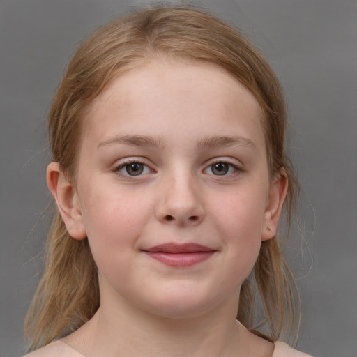 Joyful white child female with medium  brown hair and blue eyes