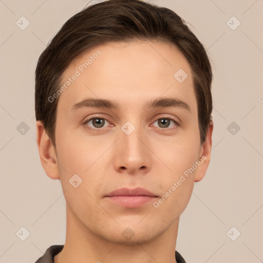 Neutral white young-adult male with short  brown hair and brown eyes