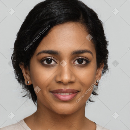 Joyful latino young-adult female with medium  black hair and brown eyes