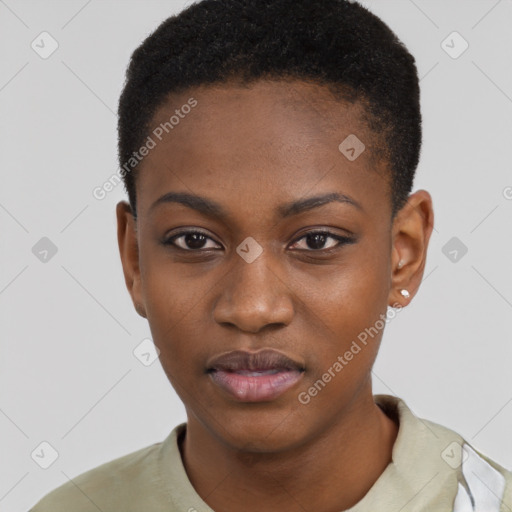 Neutral black young-adult female with short  black hair and brown eyes