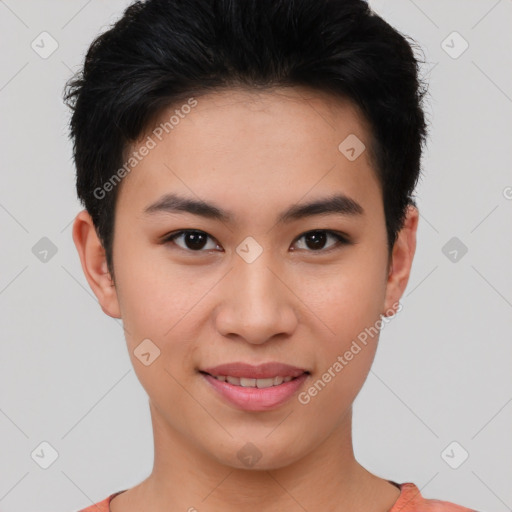 Joyful asian young-adult female with short  brown hair and brown eyes