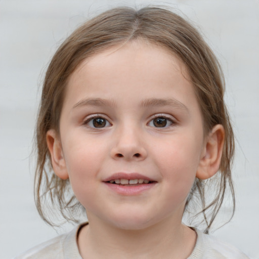 Joyful white child female with medium  brown hair and brown eyes