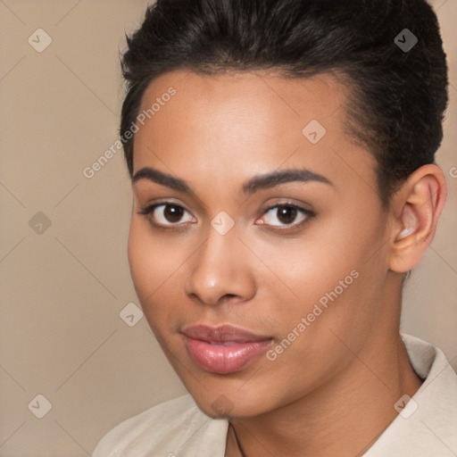 Neutral latino young-adult female with short  brown hair and brown eyes