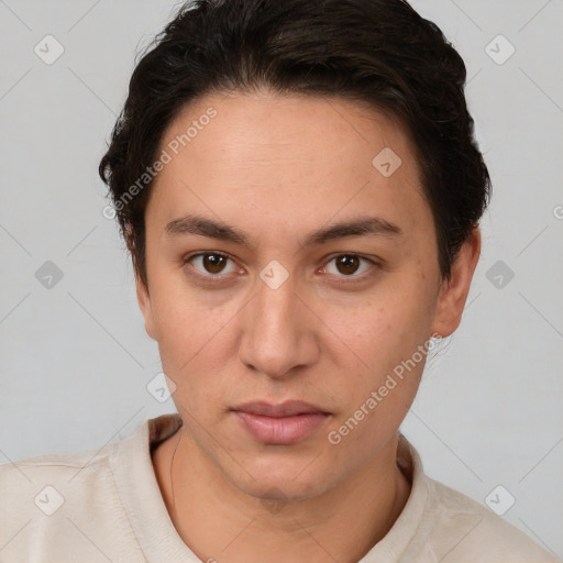 Neutral white young-adult female with short  brown hair and brown eyes