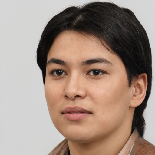 Neutral asian young-adult female with medium  black hair and brown eyes