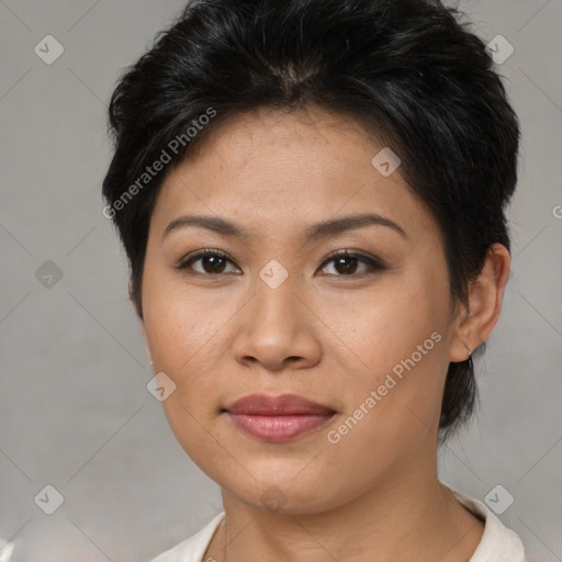 Joyful asian young-adult female with short  brown hair and brown eyes