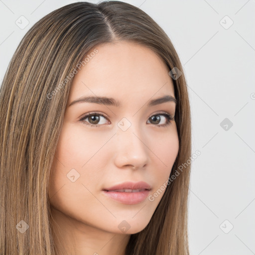 Neutral white young-adult female with long  brown hair and brown eyes