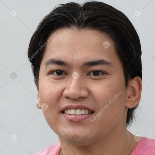 Joyful white young-adult male with short  brown hair and brown eyes