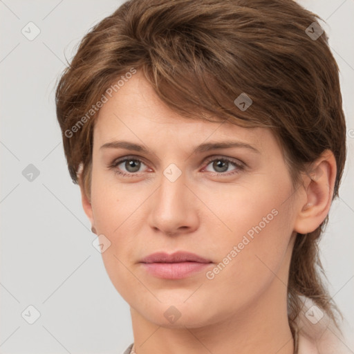 Joyful white young-adult female with medium  brown hair and grey eyes