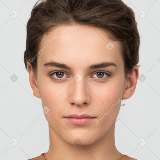 Neutral white young-adult female with short  brown hair and brown eyes