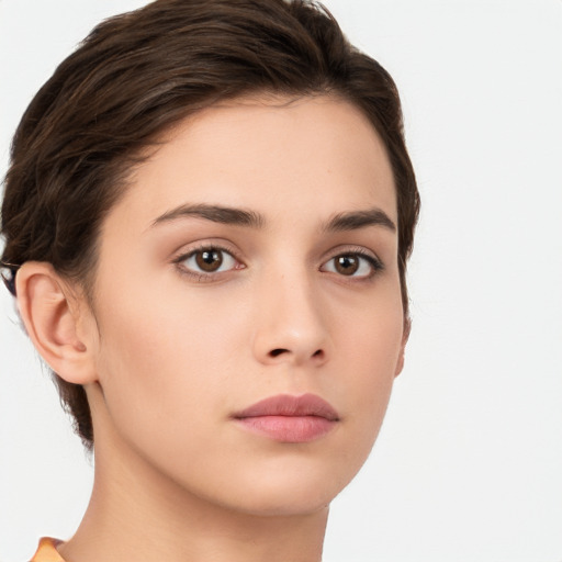 Neutral white young-adult female with short  brown hair and brown eyes