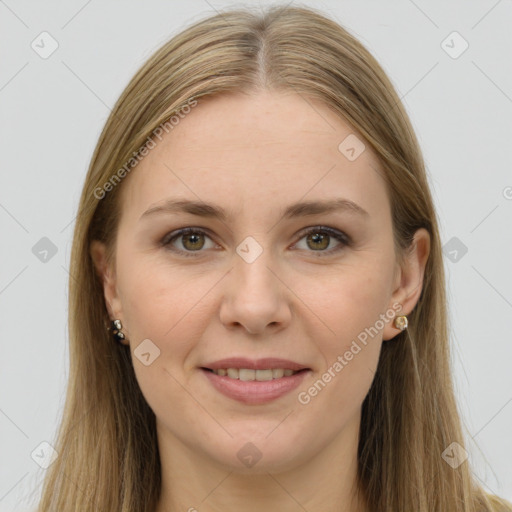 Joyful white young-adult female with long  brown hair and grey eyes