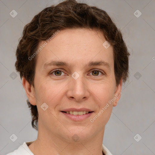 Joyful white adult female with short  brown hair and brown eyes