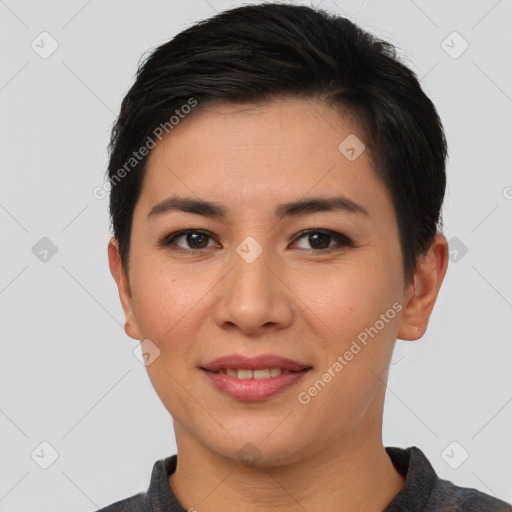 Joyful asian young-adult female with short  brown hair and brown eyes