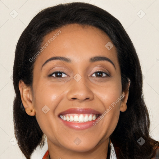 Joyful latino young-adult female with medium  black hair and brown eyes