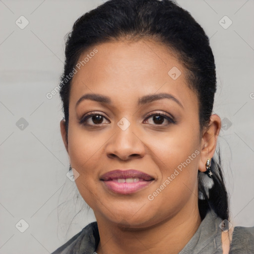 Joyful black young-adult female with medium  black hair and brown eyes