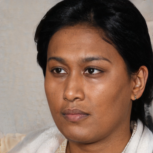 Neutral asian young-adult female with short  black hair and brown eyes