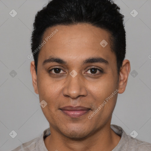 Joyful latino young-adult male with short  black hair and brown eyes