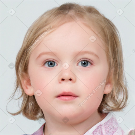 Neutral white child female with medium  brown hair and blue eyes