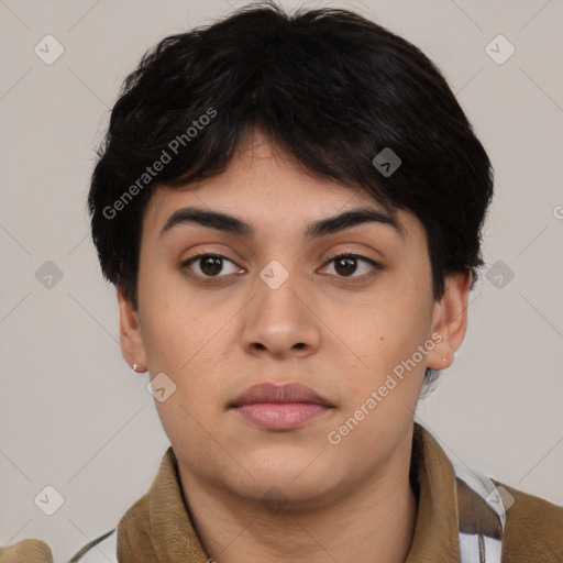 Neutral asian young-adult female with short  black hair and brown eyes