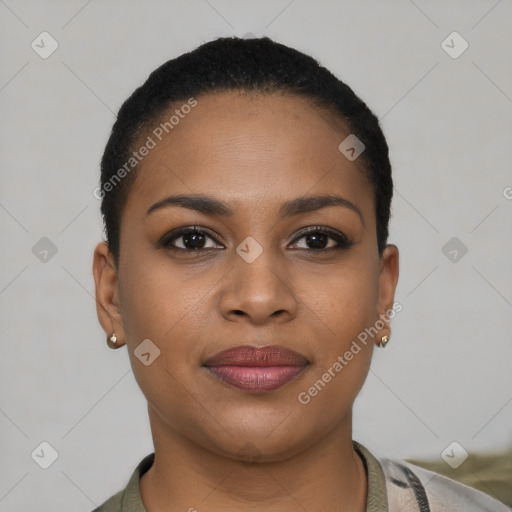 Joyful black young-adult female with short  brown hair and brown eyes