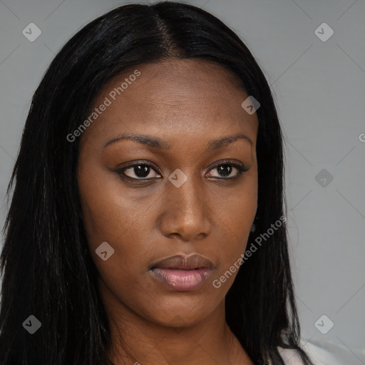 Neutral asian young-adult female with long  brown hair and brown eyes