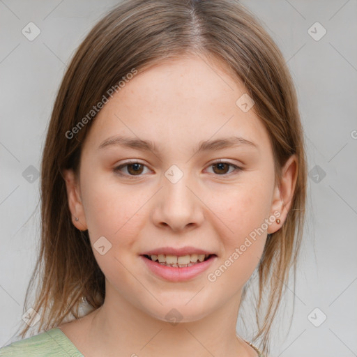 Joyful white child female with medium  brown hair and brown eyes