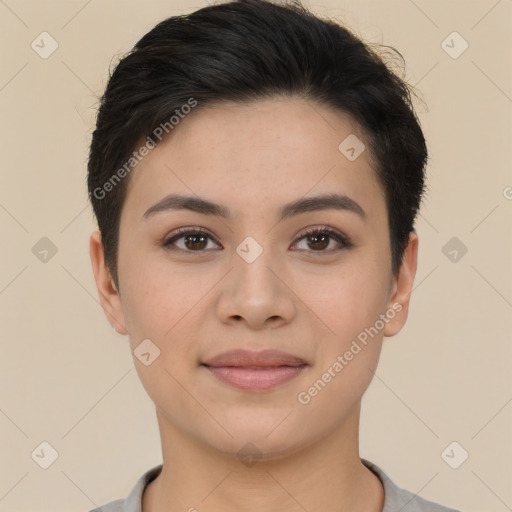 Joyful asian young-adult female with short  brown hair and brown eyes