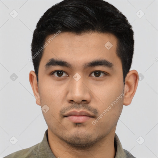 Neutral asian young-adult male with short  black hair and brown eyes