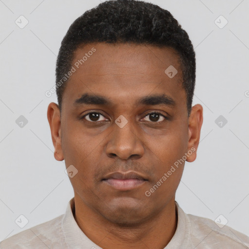 Neutral black young-adult male with short  black hair and brown eyes