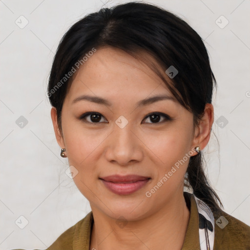 Joyful asian young-adult female with medium  brown hair and brown eyes