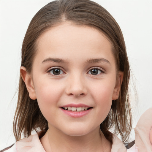 Joyful white child female with medium  brown hair and brown eyes