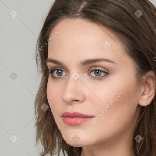 Neutral white young-adult female with long  brown hair and grey eyes