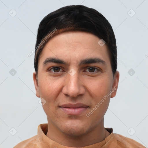 Joyful white young-adult male with short  brown hair and brown eyes