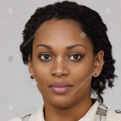 Neutral black young-adult female with short  black hair and brown eyes