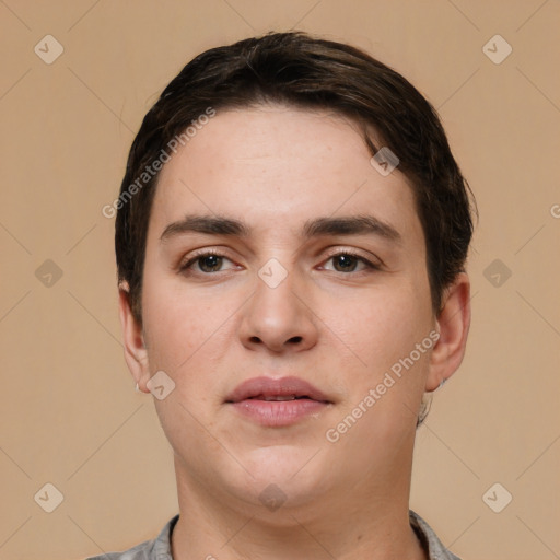 Neutral white young-adult male with short  brown hair and brown eyes